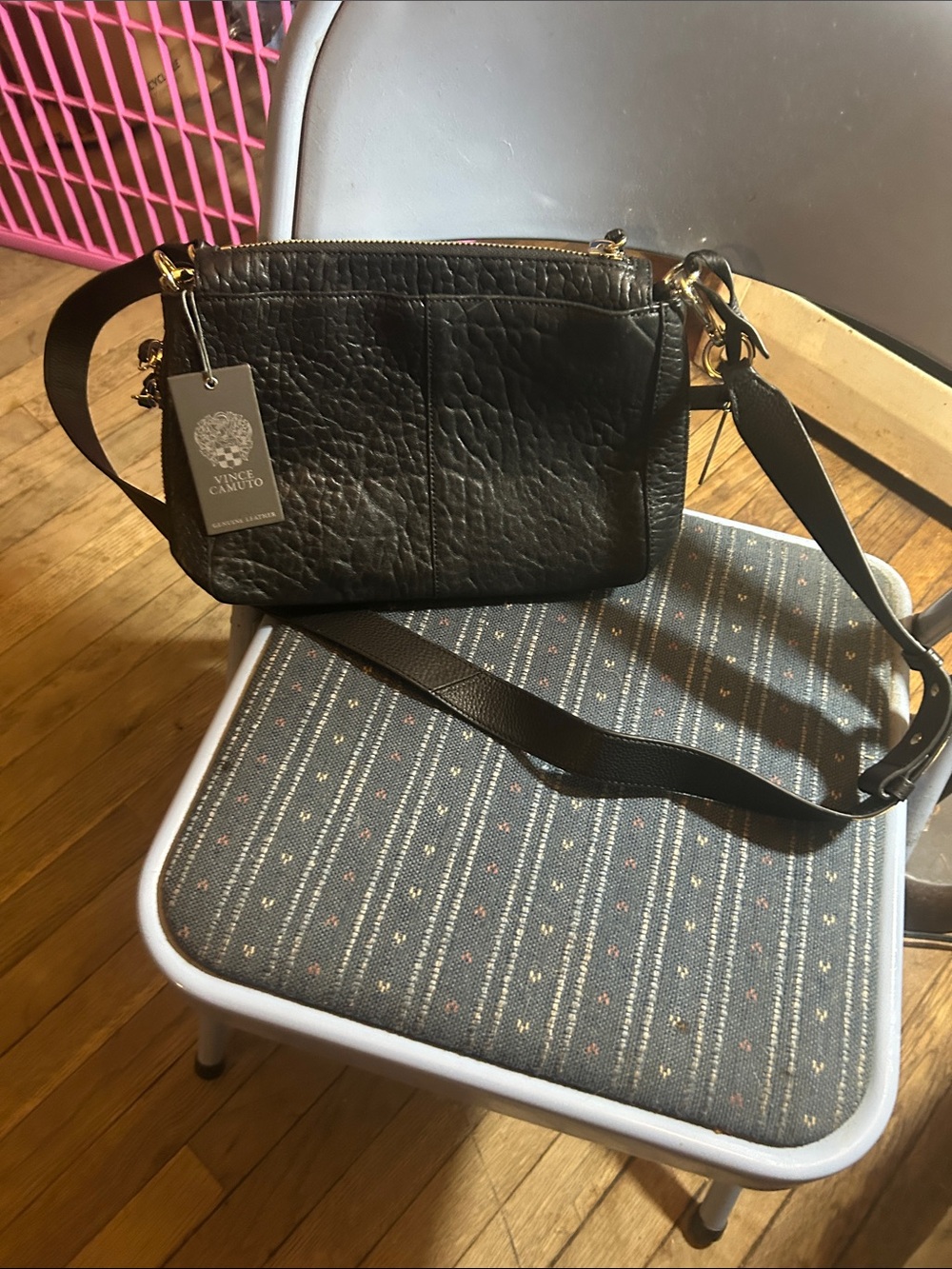 Vince Camuto Textured Black Leather Crossbody with Gold Hardware
